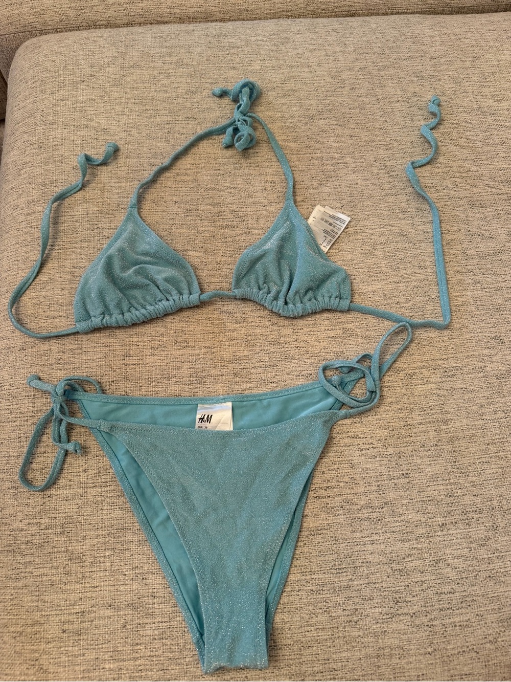 H&M Shimmery Aqua Blue Tie-Side Triangle Bikini